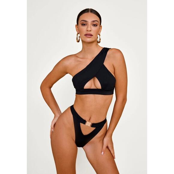 ALT Moss One Shoulder Asymmetrical Gold Buckle Black Bikini Swimwear Set 2 Piece - Picture 1 of 6
